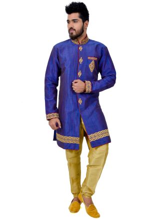 Blue Readymade Patch Work Sherwani Churidar Set