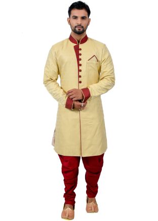 Yellow Woven Brocade Readymade Sherwani Dhoti Set