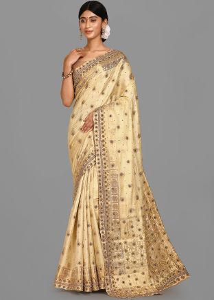 Cream Embroidered Border Kanjivaram Silk Saree
