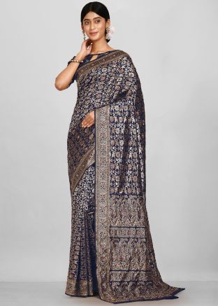 Navy Blue Zari Woven Kanjivaram Silk Saree
