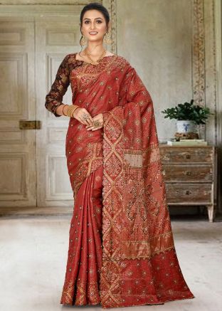 Red Stone Embellished Kanjivaram Silk Saree