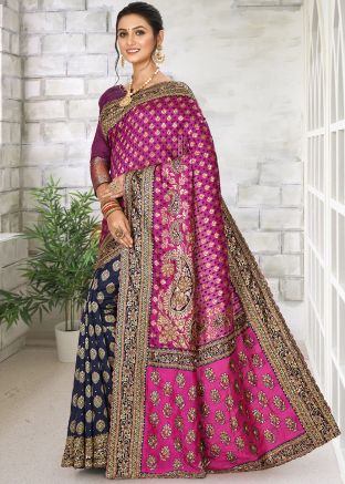 Navy Blue & Pink Woven Kanjivaram Silk Saree