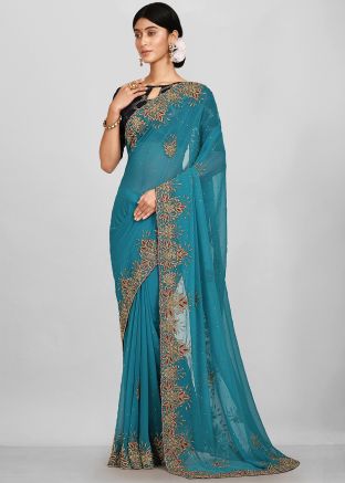 Blue Stone Embellished Saree In Georgette