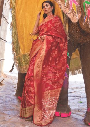 Red Zari Woven Classic Saree In Art Silk