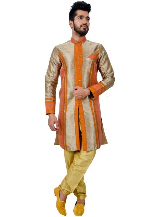 Golden and Orange Woven Paneled Sherwani Churidar Set