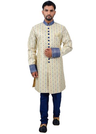 Readymade Cream Brocade Woven Sherwani Churidar Set