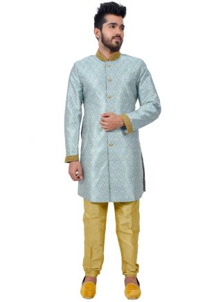 Blue Brocade Woven Readymade Sherwani With Churidar