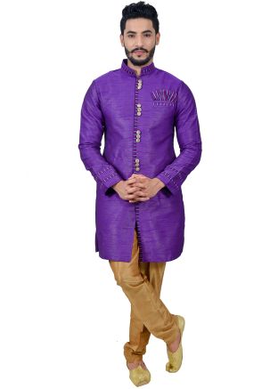 Purple Readymade Art Silk Sherwani With Churidar