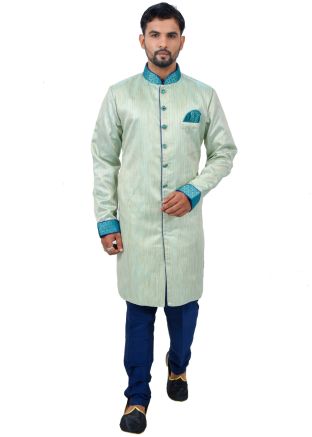 Turquoise Art Silk Readymade Sherwani Churidar Set