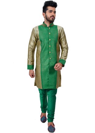 Green Art Silk Front Slit Sherwani With Churidar