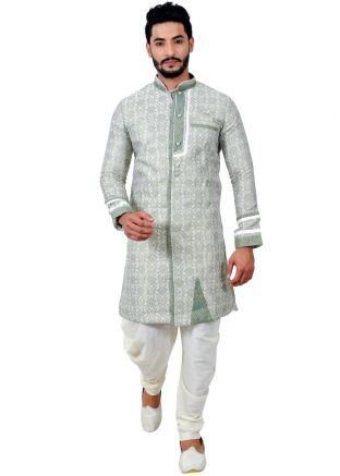 Green Woven Brocade Readymade Sherwani Dhoti Set