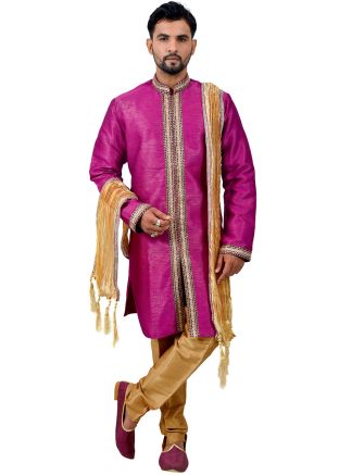 Pink Embroidered Front Slit Sherwani Churidar Set