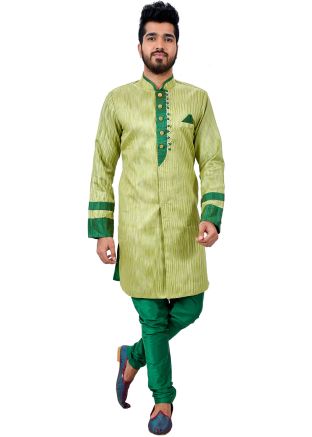 Green Art Silk Readymade Sherwani With Churidar