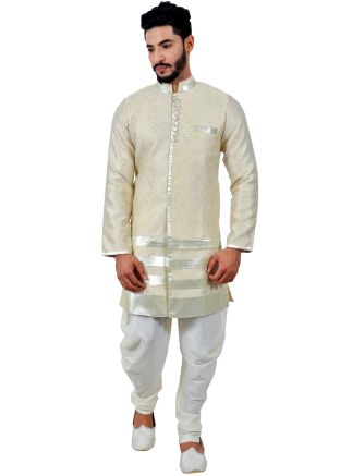 Cream Readymade Woven Brocade Sherwani Dhoti Set