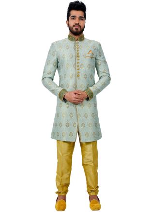 Blue Woven Brocade Readymade Sherwani With Churidar
