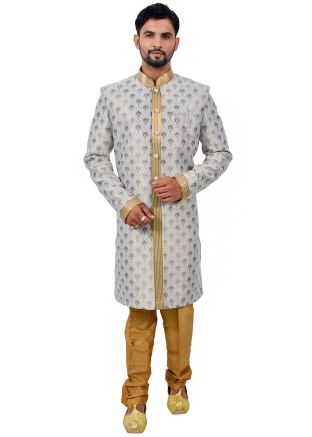 Readymade Grey Woven Brocade Sherwani Churidar Set