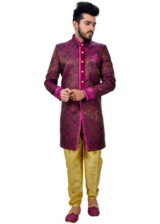 Magenta Readymade Woven Sherwani With Churidar