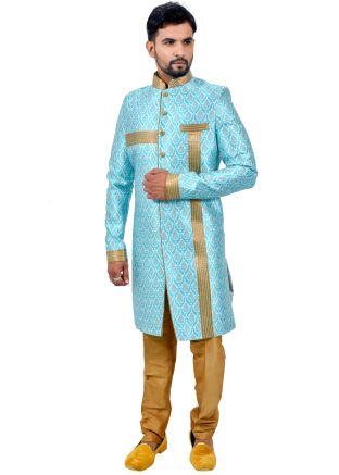 Blue Woven Readymade Sherwani Churidar Set