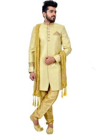 Yellow Brocade Woven Sherwani With Churidar