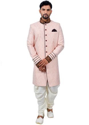 Peach Readymade Brocade Woven Sherwani Dhoti Set