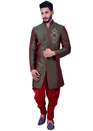 Green Embroidered Art Silk Sherwani With Dhoti
