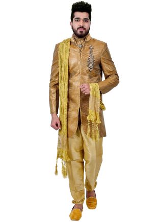 Golden Brocade Woven Asymmetric Sherwani Churidar Set