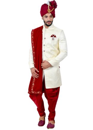 Cream Readymade Art Silk Sherwani With Dhoti