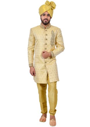 Golden Woven Readymade Sherwani With Churidar