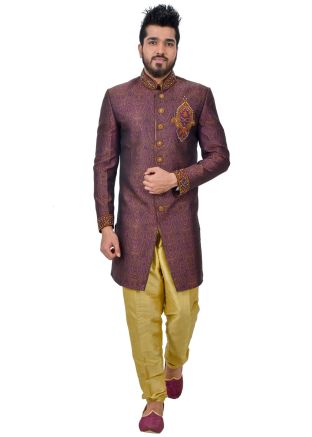 Purple Brocade Woven Readymade Sherwani Churidar Set