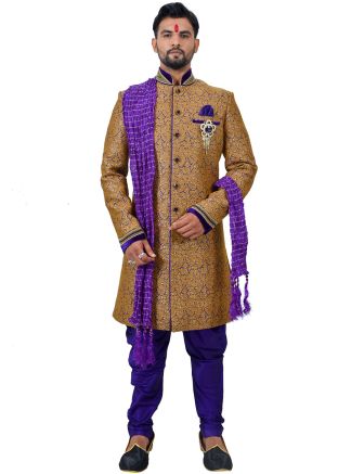 Golden Woven Readymade Sherwani With Dhoti