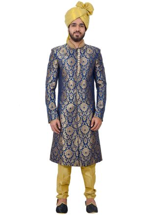 Readymade Blue Brocade Woven Sherwani Churidar Set