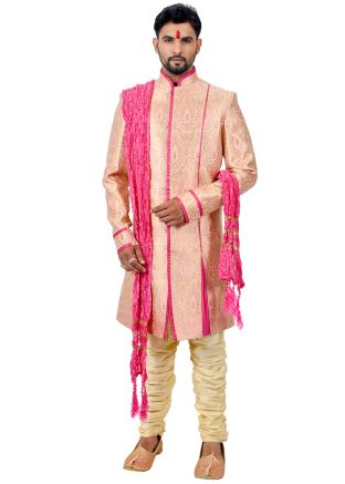 Peach Brocade Woven Slit Style Sherwani With Breeches