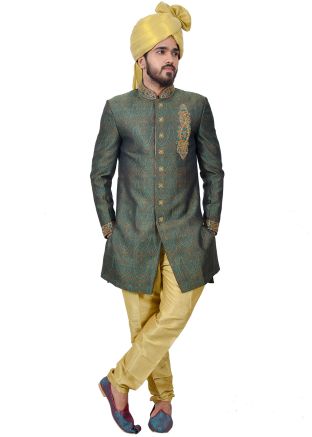 Green Readymade Woven Sherwani With Churidar