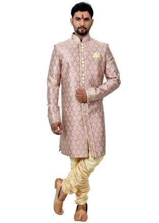 Grey Woven Readymade Sherwani Breeches Set