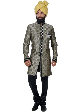 Readymade Grey Woven Brocade Sherwani With Churidar