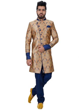 Golden Woven Readymade Sherwani With Churidar