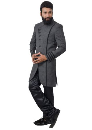 Grey Asymmetric Indo Western Sherwani Churidar Set