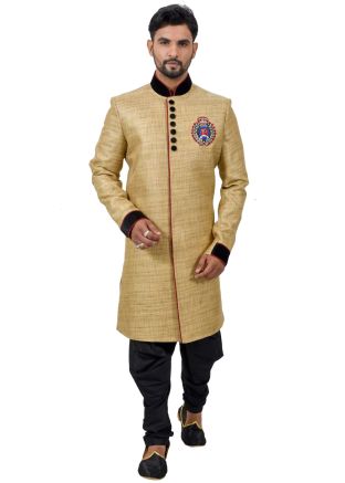 Golden Art Silk Readymade Sherwani With Dhoti