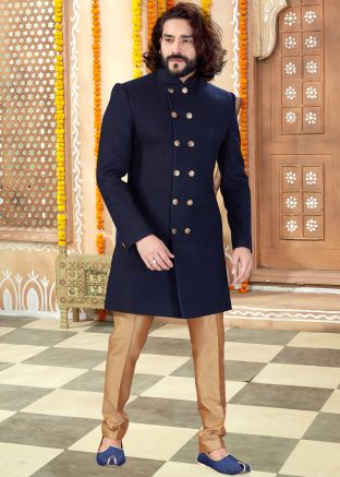 Navy Blue Readymade Art Silk Sherwani With Trouser