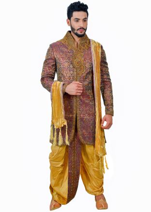 Multicolor Woven Asymmetric Groom Sherwani Dhoti Set