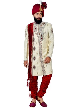 Readymade Cream Embroidered Groom Sherwani With Breeches