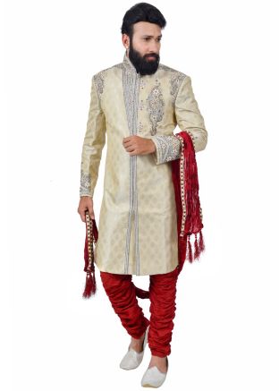 Cream Woven Readymade Front Slit Groom Sherwani Breeches Set