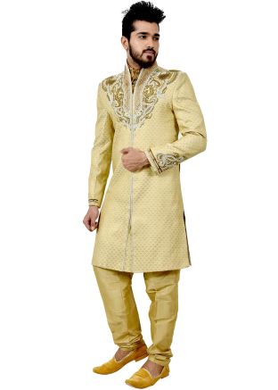 Golden Brocade Woven Front Slit Sherwani With Churidar