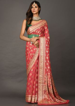 Red Georgette Woven Saree With Blouse