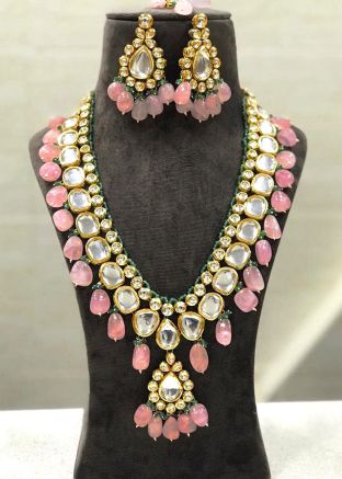 Pink Long Kundan Studded Necklace Set
