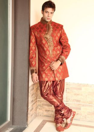 Orange Woven Brocade Groom Sherwani With Breeches