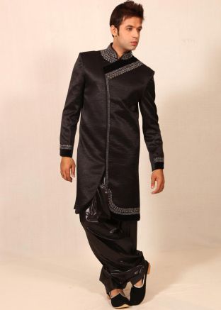 Black Stone Embellished Asymmetric Sherwani Salwar Set