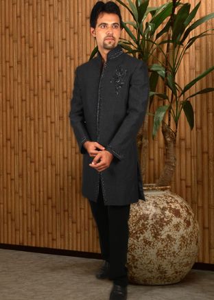 Black Embroidered Linen Sherwani With Churidar