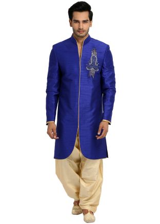 Blue Asymmetric Readymade Sherwani With Salwar