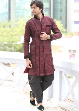 Maroon Woven Readymade Sherwani With Dhoti Pant